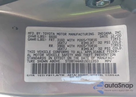 2001 Toyota Sequoia Sr5 V8 from USA, damaged, VIN 5TDBT44A81S011353